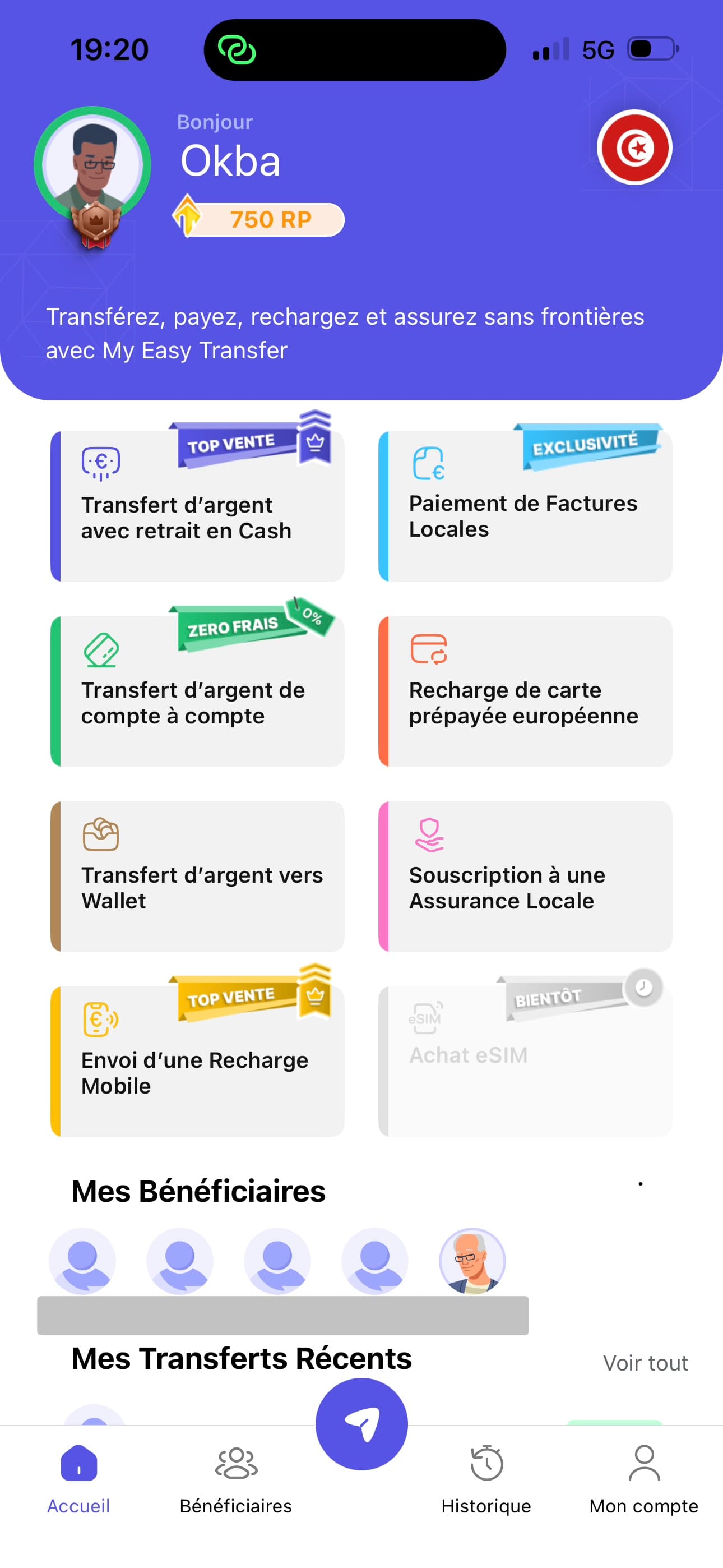 The MyEasyTransfer mobile app home screen, with services for money transfer, bill payment, prepaid cards, and mobile top-up.