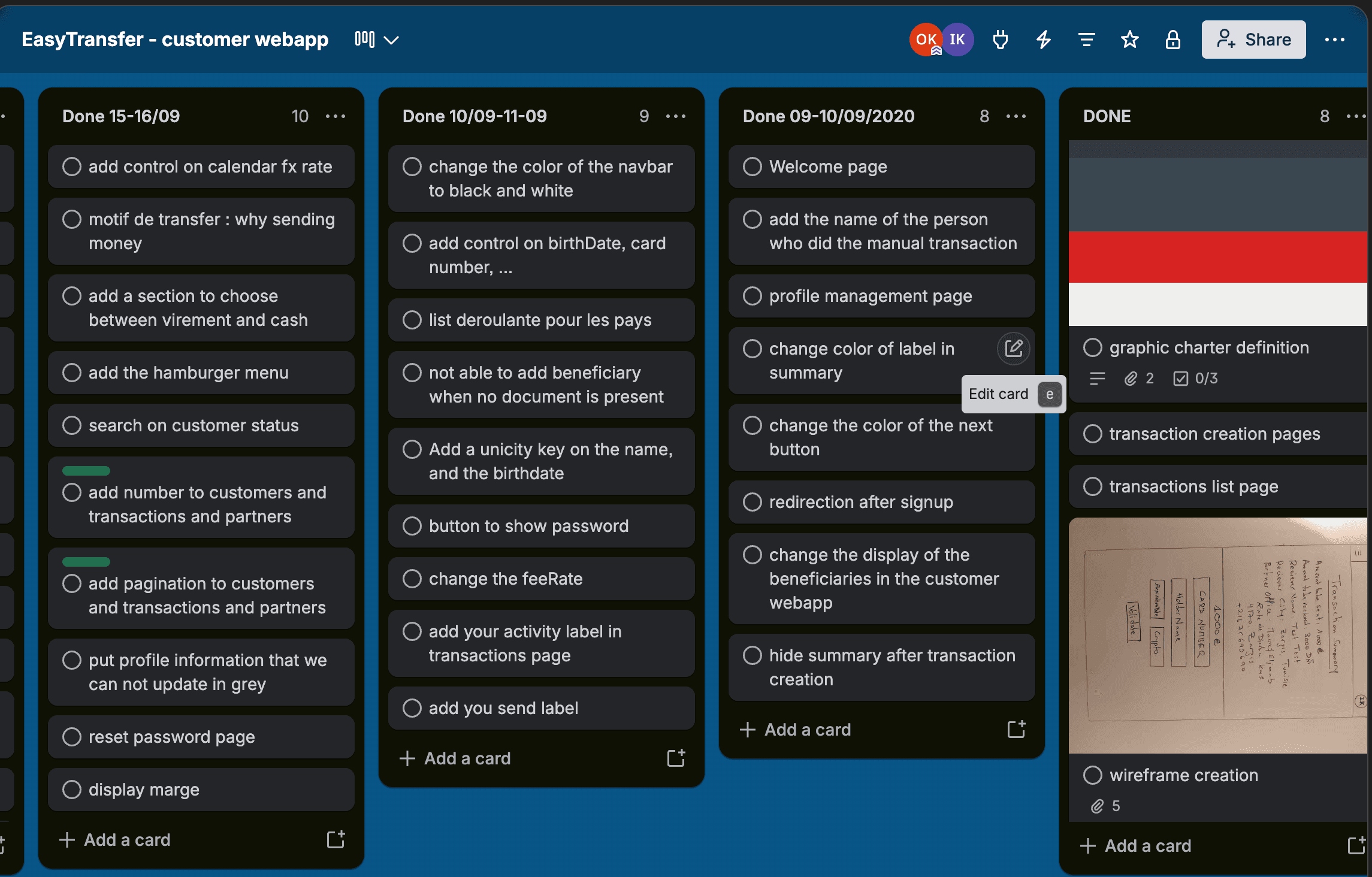 A Trello backlog for the Easy Transfer customer web app, with completed tasks from September 2020.