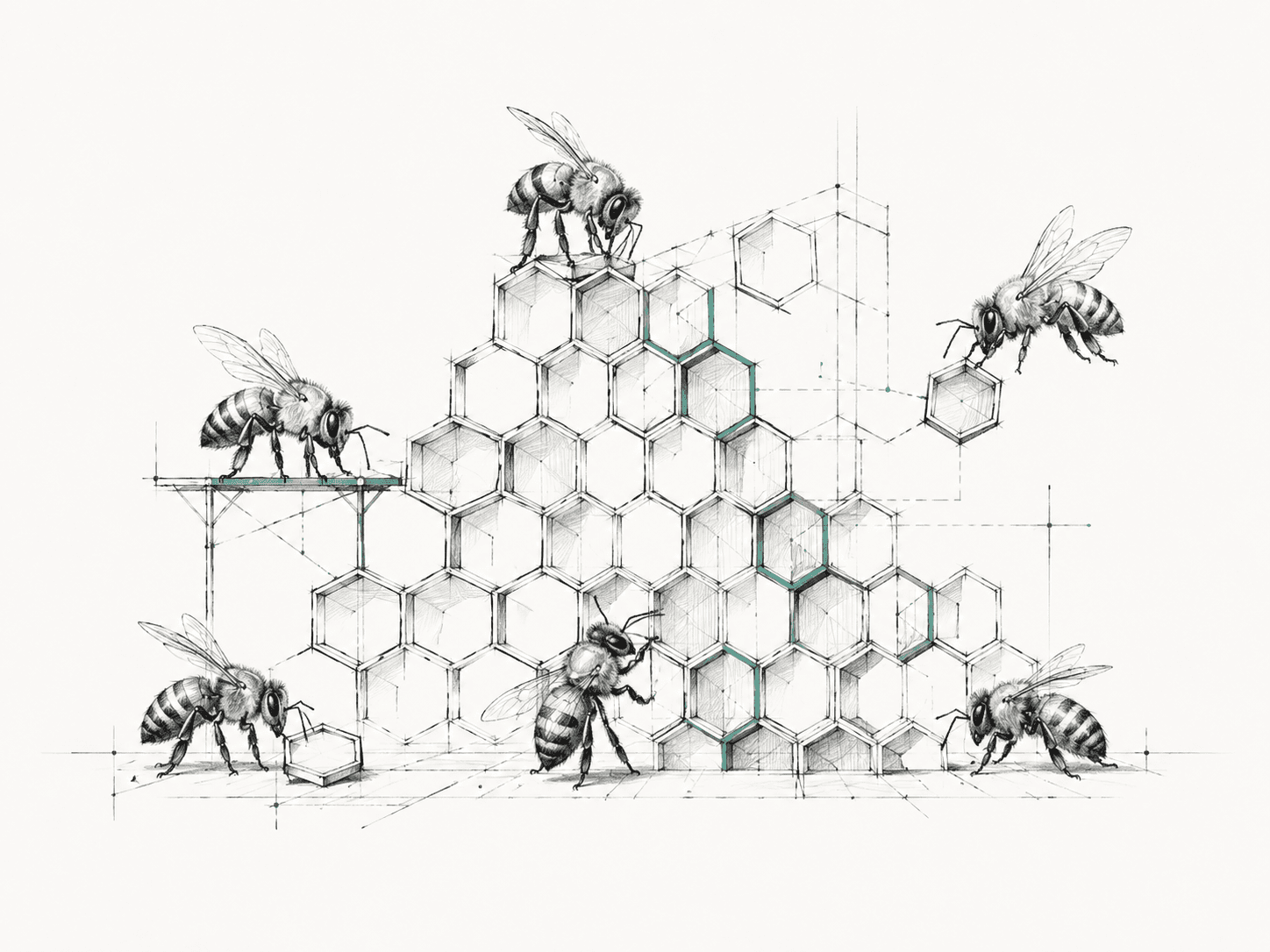 A sketch of several bees contributing to the same map/system, representing cross-team architecture, APIs, boundaries, and communication.
