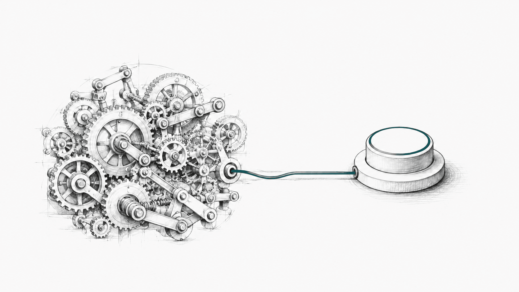 A sketch of complex interlocking machinery connected by a teal wire to a single simple button.