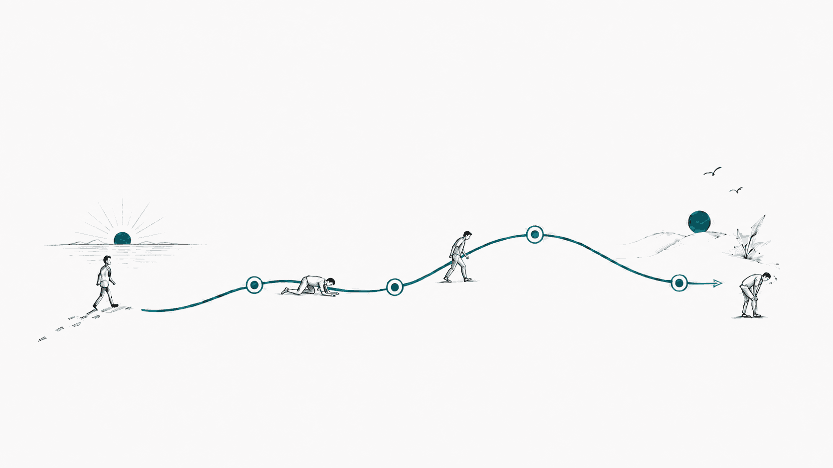 A sketch of a person moving along a wavy teal path through struggle, persistence, and exhaustion.
