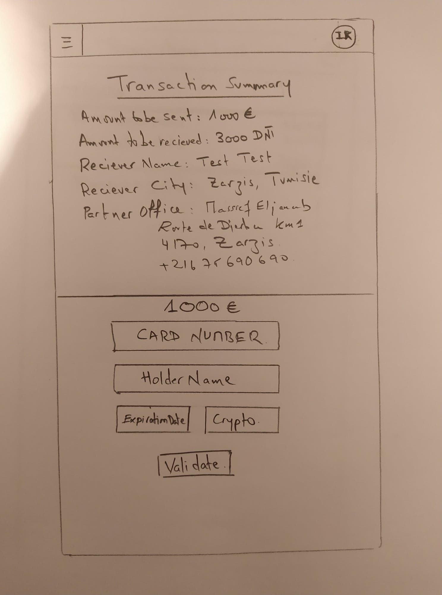 A May 2020 hand-drawn wireframe of a transaction summary and card payment screen.