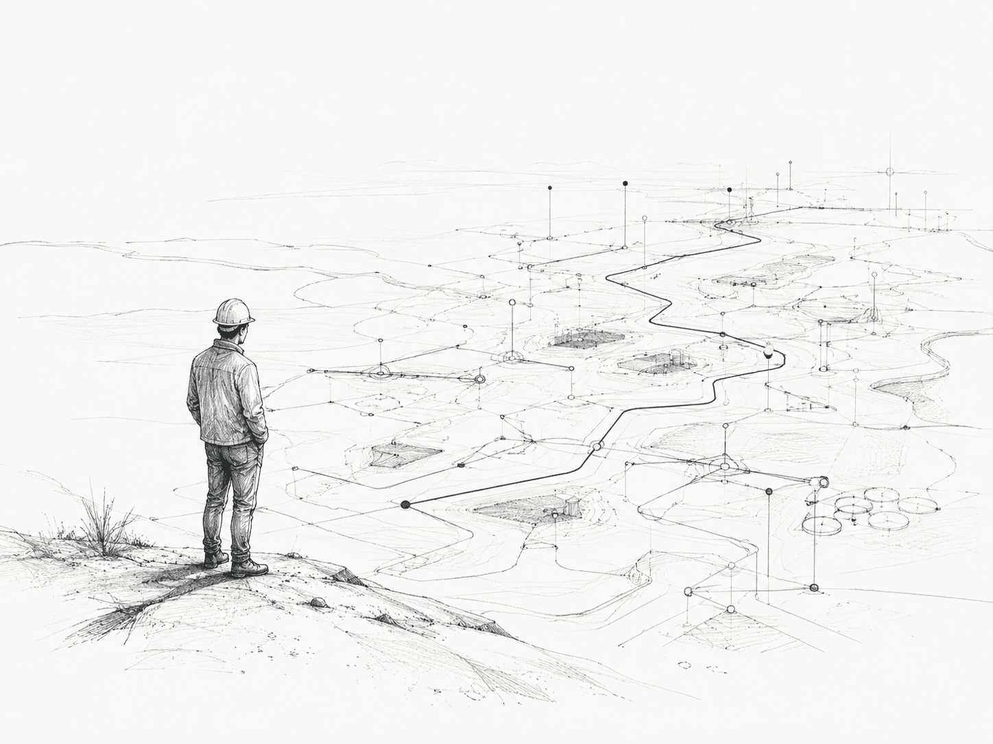 A sketch of an engineer in a hard hat overlooking an industrial landscape of tanks and wells, with a teal path winding through the system.