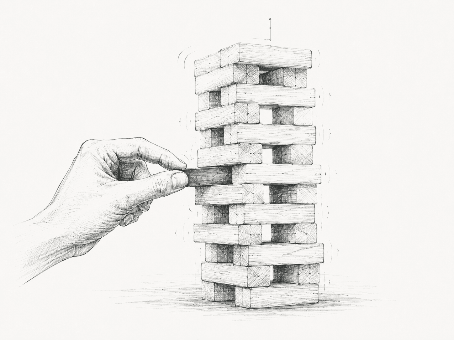 A sketch of a hand carefully sliding a teal block from a tall tower of blocks.