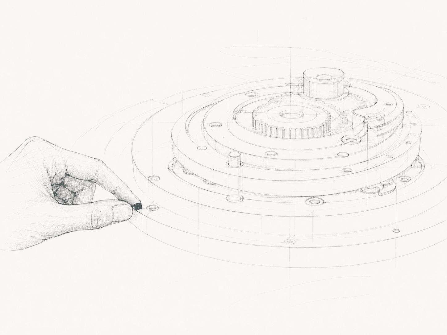 A sketch of a hand making a small teal adjustment on a complex circular mechanism.