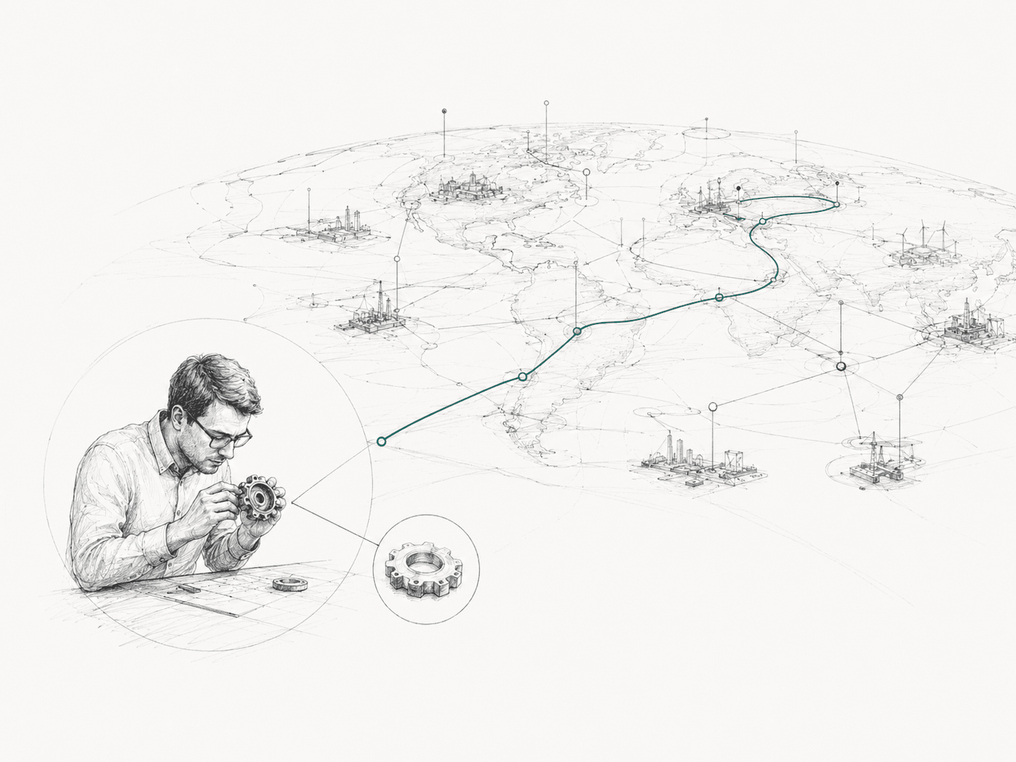 A sketch of an engineer examining a small gear, connected by a teal line to an industrial map of the world.