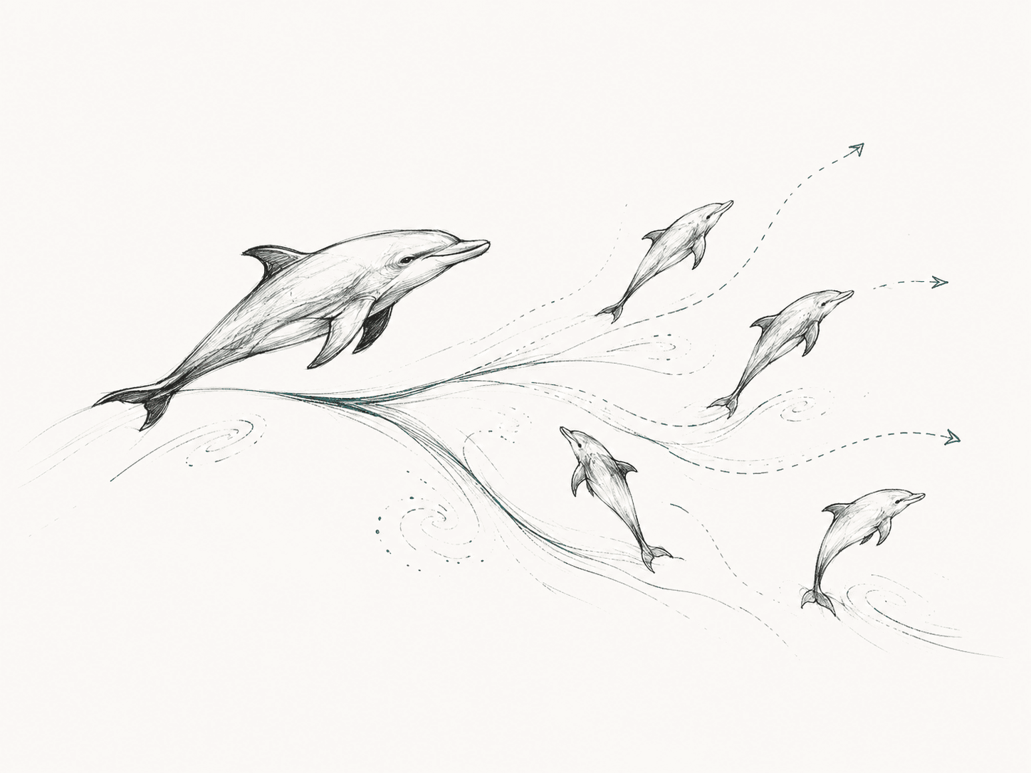 A sketch of dolphin leading a group of baby dolphins to the same map/system, representing leadership as multiplying understanding.