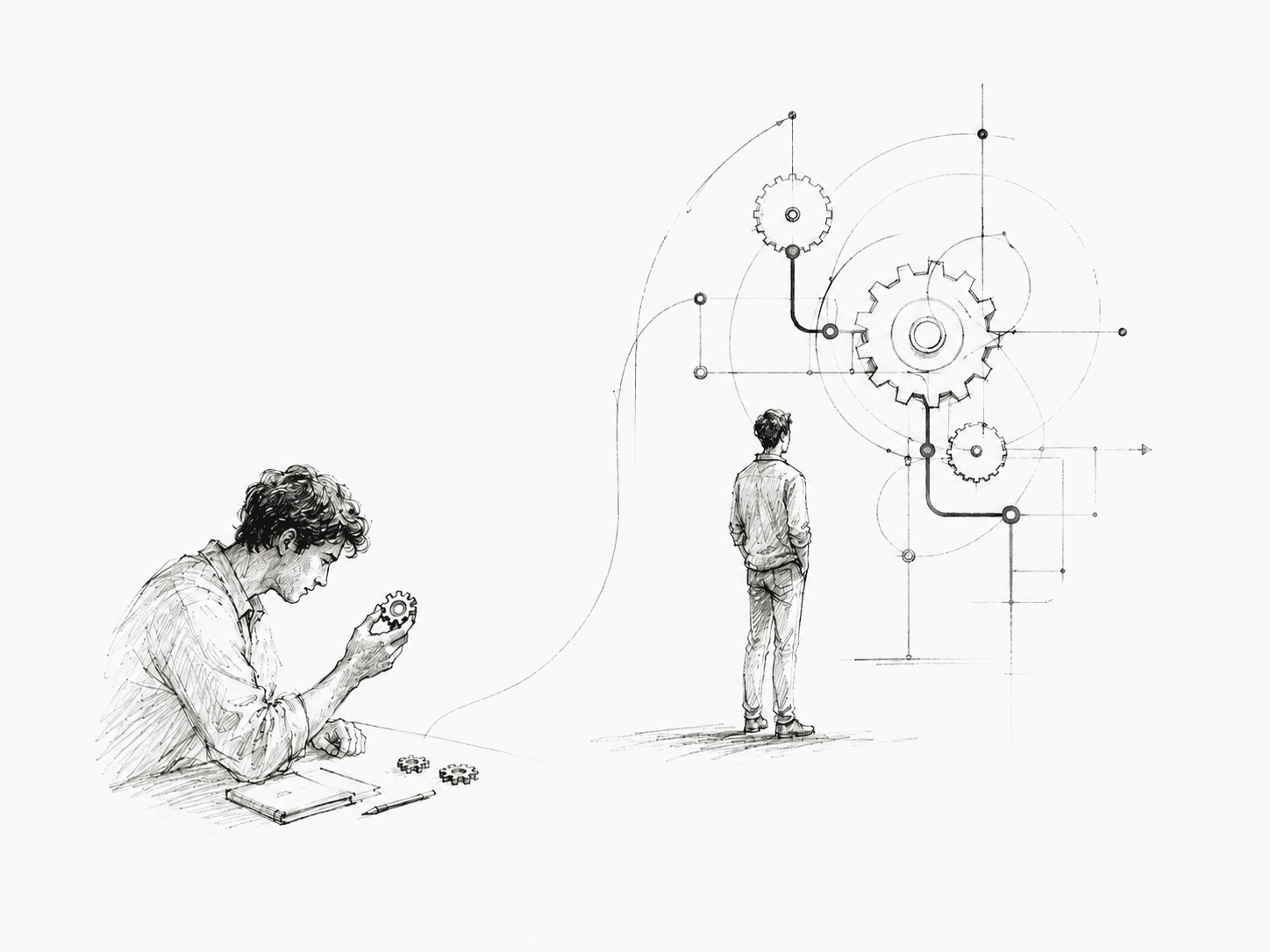 A sketch of a developer examining a single gear on the left, and the same person facing a large interconnected system of gears on the right.