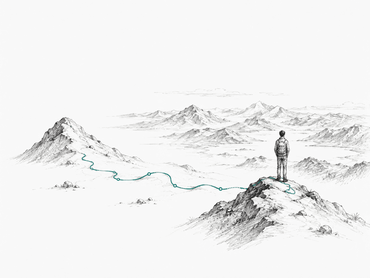 A sketch of a hiker on a mountain peak looking out over a landscape, with a teal path marking the journey from a distant peak to where he stands.