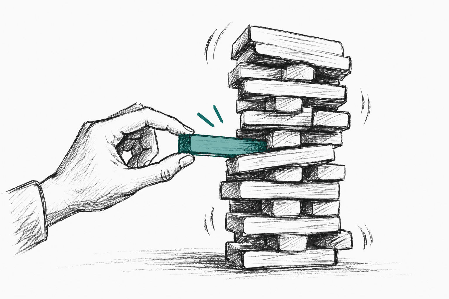 A sketch of a hand carefully sliding a teal block into a tall, wobbling tower of blocks.