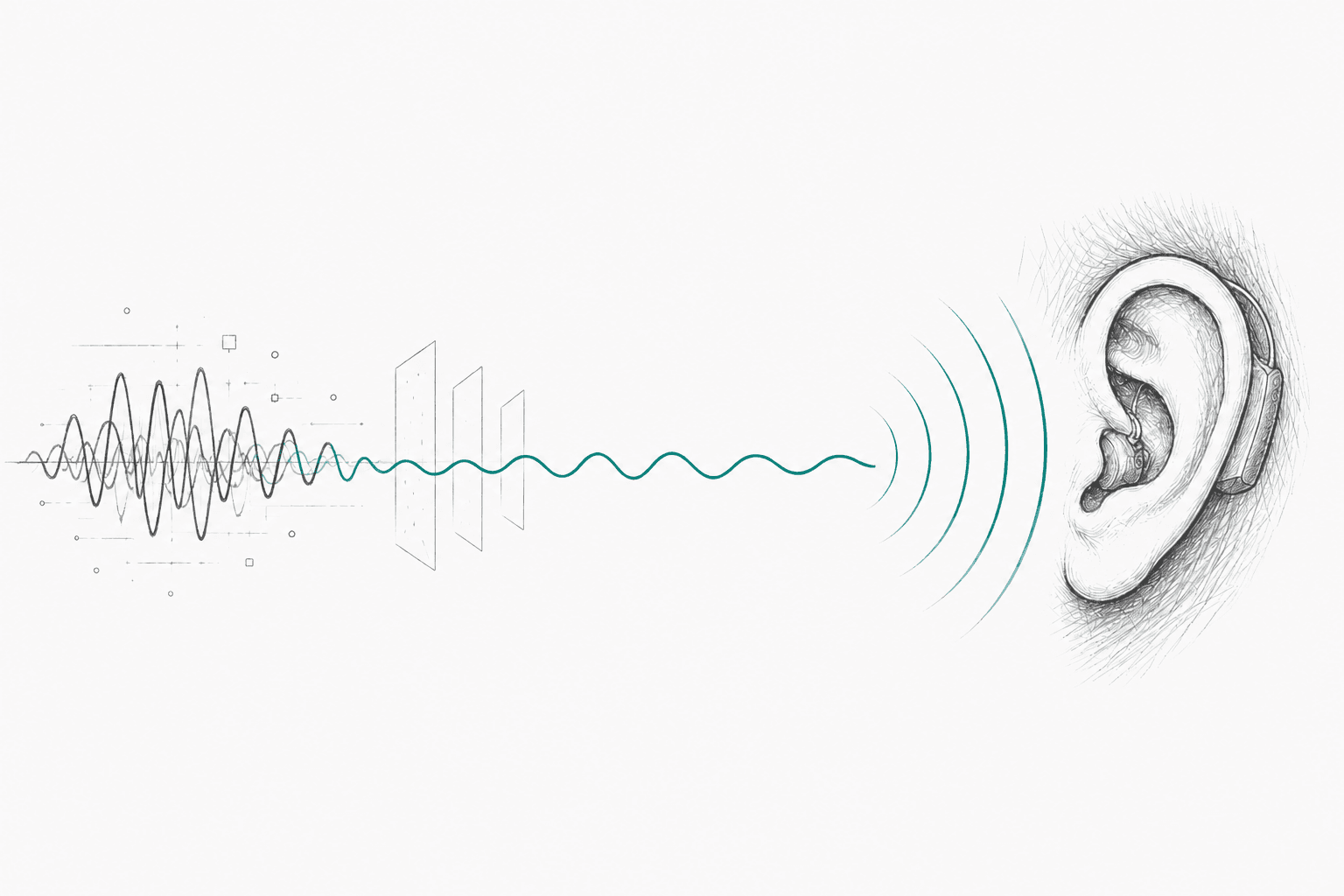 A sketch of noisy sound waves filtered into a clear teal signal reaching an ear with a hearing aid.