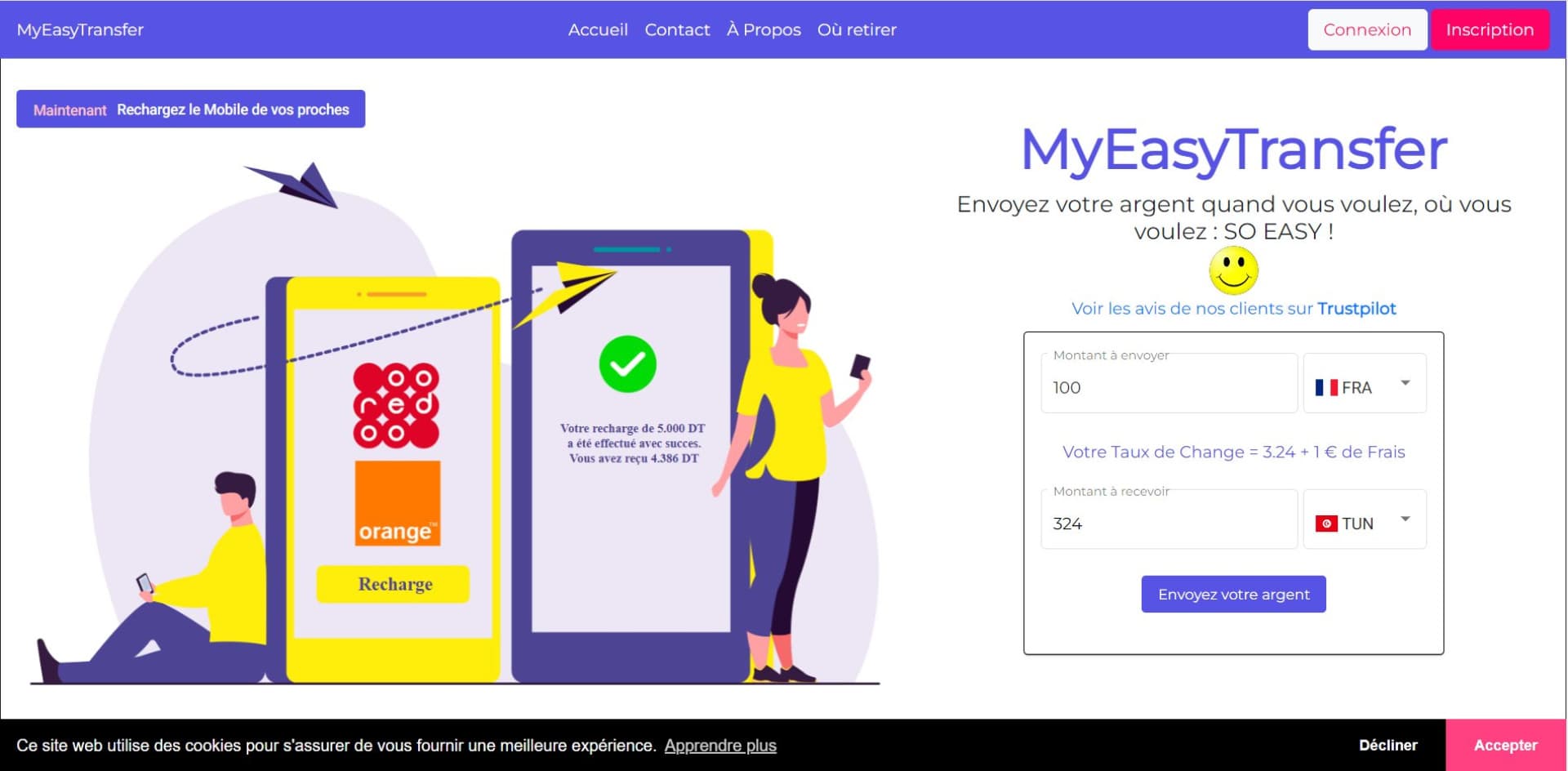 The first working version of the MyEasyTransfer website, with a money-transfer form from France to Tunisia.