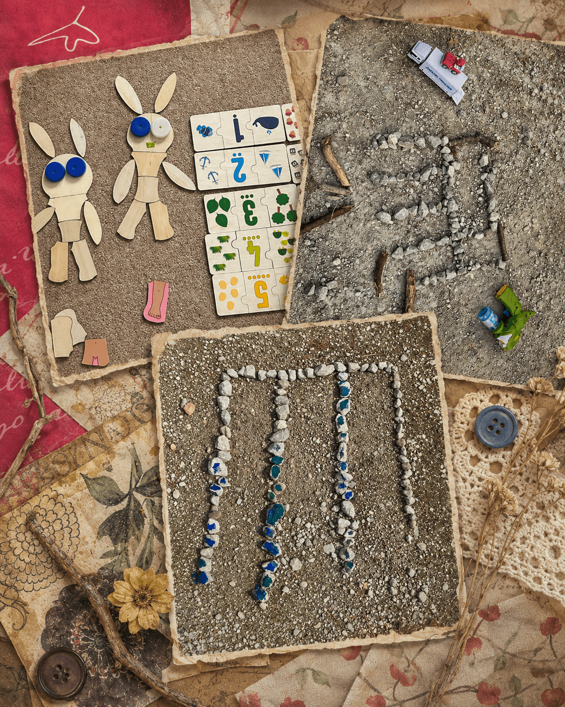 A pebble wall outline on gravel, with some stones painted blue and green.