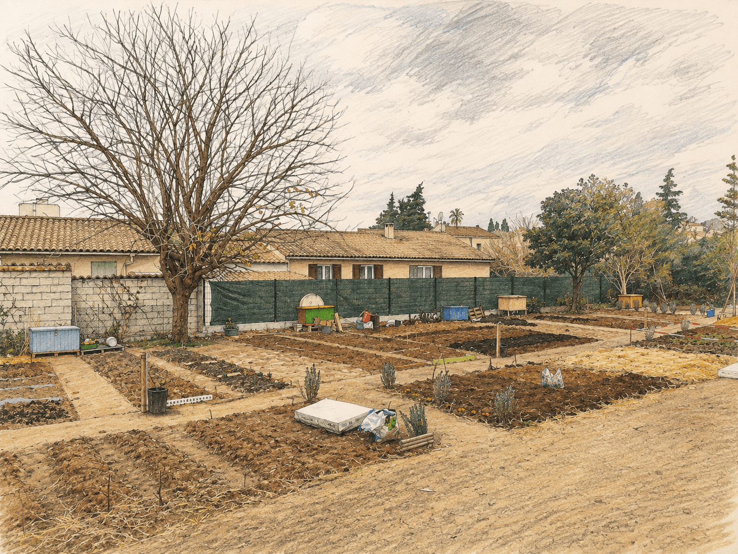 A hand-drawn view of a community garden in Antibes, with allotment plots, a bare tree, and houses behind a fence.