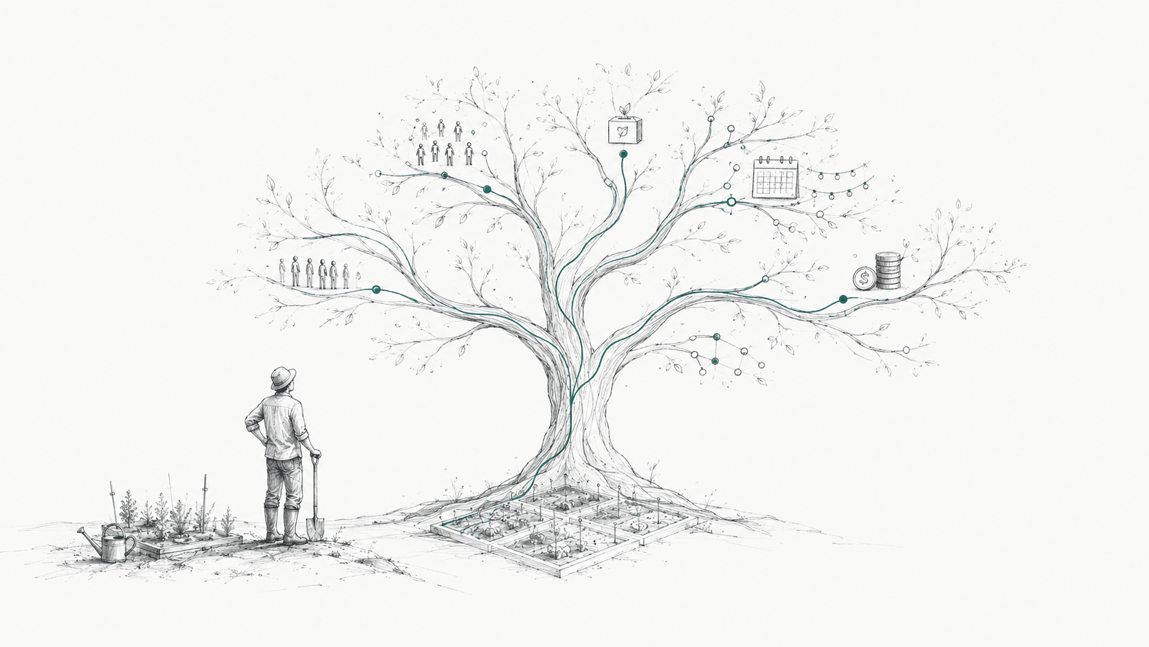 A hand-drawn illustration of a gardener watching a tree grow from garden beds into branches connected to icons for members, events, voting, finances, and community.