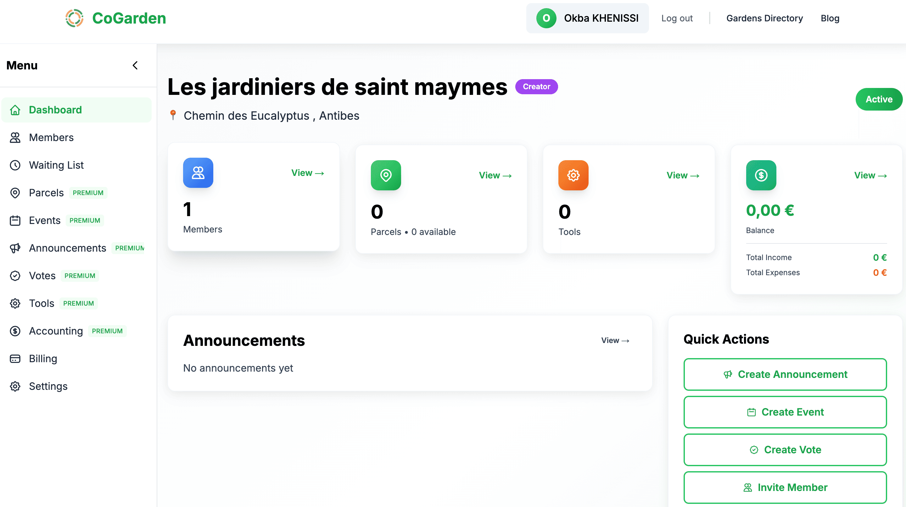 Today's CoGarden dashboard with members, parcels, tools, balance, and quick actions.