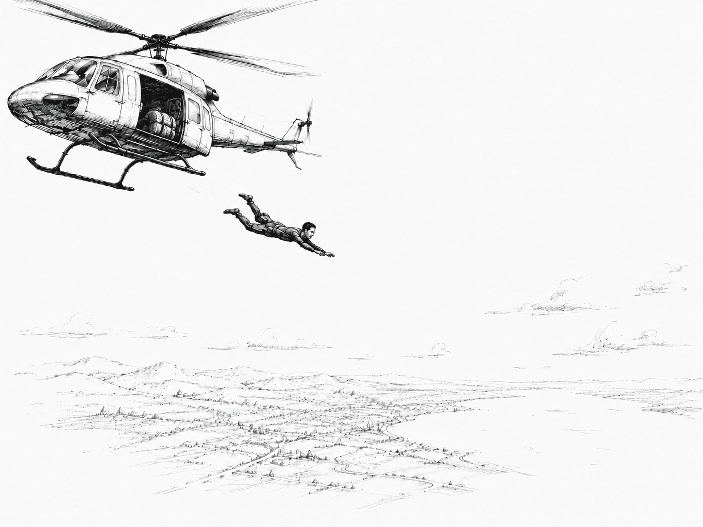 A hand-drawn illustration of a person jumping from a helicopter without a parachute, above a landscape below.